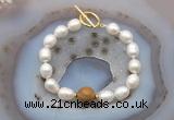 CFB951 Hand-knotted 9mm - 10mm rice white freshwater pearl & wooden jasper bracelet