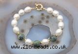 CFB955 Hand-knotted 9mm - 10mm rice white freshwater pearl & African turquoise bracelet