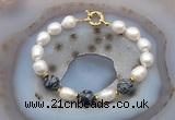 CFB956 Hand-knotted 9mm - 10mm rice white freshwater pearl & snowflake obsidian bracelet