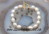 CFB964 Hand-knotted 9mm - 10mm rice white freshwater pearl & grey agate bracelet