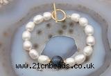 CFB979 Hand-knotted 9mm - 10mm rice white freshwater pearl & blue tiger eye bracelet