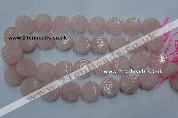 CFG205 15.5 inches 24mm carved coin rose quartz gemstone beads