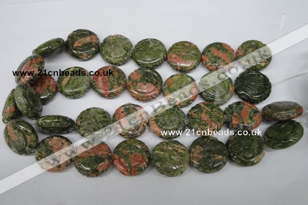 CFG251 15.5 inches 25mm carved coin unakite gemstone beads