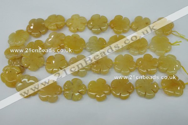 CFG458 15.5 inches 24mm carved flower yellow jade beads