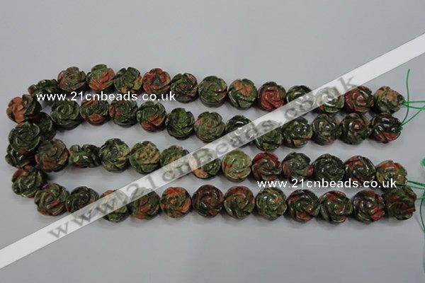 CFG891 15.5 inches 14mm carved flower unakite gemstone beads