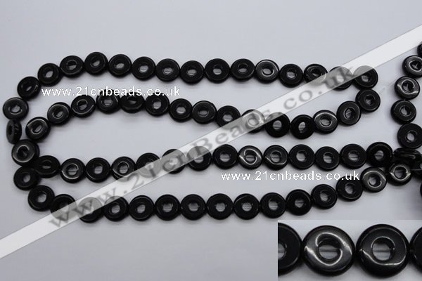 CFG903 15.5 inches 12mm carved coin donut black agate beads