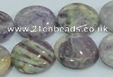 CFJ01 15.5 inches 20mm flat round natural purple flower stone beads