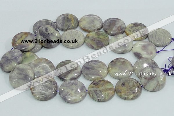 CFJ03 15.5 inches 30mm flat round natural purple flower stone beads