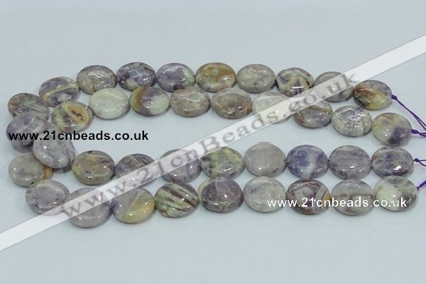 CFJ17 15.5 inches 18mm flat round natural purple flower stone beads