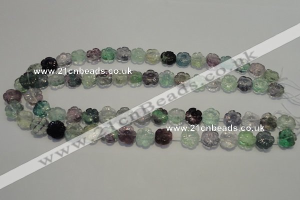 CFL492 15.5 inches 12mm carved flower natural fluorite beads