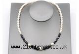 CFN127 potato white freshwater pearl & black banded agate necklace, 16 - 24 inches