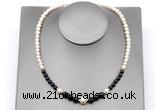 CFN128 potato white freshwater pearl & black agate necklace, 16 - 24 inches