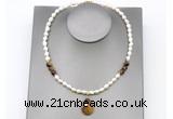 CFN158 baroque white freshwater pearl & yellow tiger eye necklace with pendant