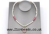 CFN163 baroque white freshwater pearl & pink wooden jasper necklace with pendant