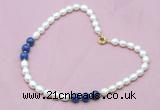 CFN305 Rice white freshwater pearl & lapis lazuli necklace, 16 - 24 inches