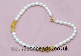 CFN307 Rice white freshwater pearl & yellow banded agate necklace, 16 - 24 inches