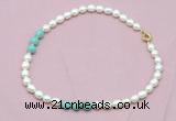 CFN314 9 - 10mm rice white freshwater pearl & amazonite necklace wholesale