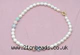 CFN318 9 - 10mm rice white freshwater pearl & morganite necklace wholesale