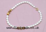 CFN319 9 - 10mm rice white freshwater pearl & golden tiger eye necklace wholesale