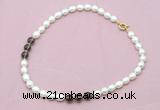 CFN323 9 - 10mm rice white freshwater pearl & smoky quartz necklace wholesale