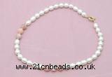 CFN324 9 - 10mm rice white freshwater pearl & pink opal necklace wholesale