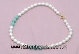 CFN325 9 - 10mm rice white freshwater pearl & amazonite necklace wholesale