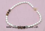 CFN328 9 - 10mm rice white freshwater pearl & yellow tiger eye necklace wholesale