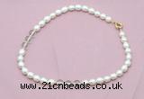 CFN331 9 - 10mm rice white freshwater pearl & white crystal necklace wholesale