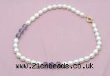 CFN332 9 - 10mm rice white freshwater pearl & amethyst necklace wholesale