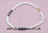 CFN333 9 - 10mm rice white freshwater pearl & dogtooth amethyst necklace wholesale