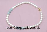 CFN335 9 - 10mm rice white freshwater pearl & aquamarine necklace wholesale