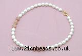 CFN336 9 - 10mm rice white freshwater pearl & moonstone necklace wholesale