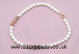 CFN337 9 - 10mm rice white freshwater pearl & rainbow moonstone necklace wholesale