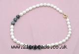 CFN339 9 - 10mm rice white freshwater pearl & snowflake obsidian necklace wholesale