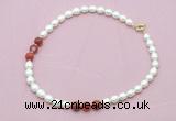 CFN344 9 - 10mm rice white freshwater pearl & red banded agate necklace wholesale