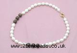 CFN346 9 - 10mm rice white freshwater pearl & bronzite necklace wholesale