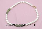 CFN348 9 - 10mm rice white freshwater pearl & China jade necklace wholesale