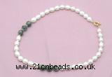 CFN349 9 - 10mm rice white freshwater pearl & African turquoise necklace wholesale