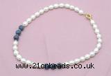 CFN351 9 - 10mm rice white freshwater pearl & dumortierite necklace wholesale