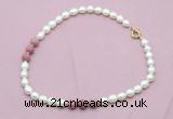 CFN353 9 - 10mm rice white freshwater pearl & pink wooden jasper necklace wholesale