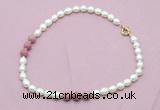 CFN353 9 - 10mm rice white freshwater pearl & pink wooden jasper necklace wholesale