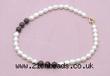 CFN354 9 - 10mm rice white freshwater pearl & brecciated jasper necklace wholesale