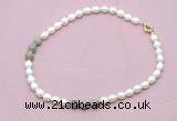 CFN357 9 - 10mm rice white freshwater pearl & serpentine jasper necklace wholesale