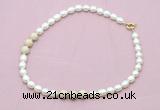 CFN359 9 - 10mm rice white freshwater pearl & white fossil jasper necklace wholesale