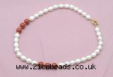 CFN361 9 - 10mm rice white freshwater pearl & red jasper necklace wholesale