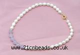 CFN401 9-10mm rice white freshwater pearl & lavender amethyst necklace