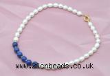 CFN403 9-10mm rice white freshwater pearl & lapis lazuli necklace