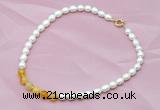 CFN405 9-10mm rice white freshwater pearl & yellow banded agate necklace