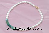 CFN407 9-10mm rice white freshwater pearl & green banded agate necklace