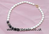 CFN408 9-10mm rice white freshwater pearl & black banded agate necklace